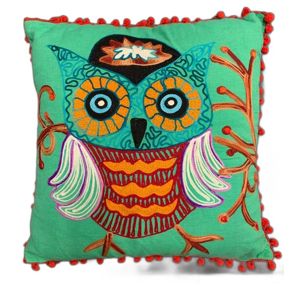 Karma Living Owl Fringe Throw Pillow 16x16 Green Background - Picture 1 of 8